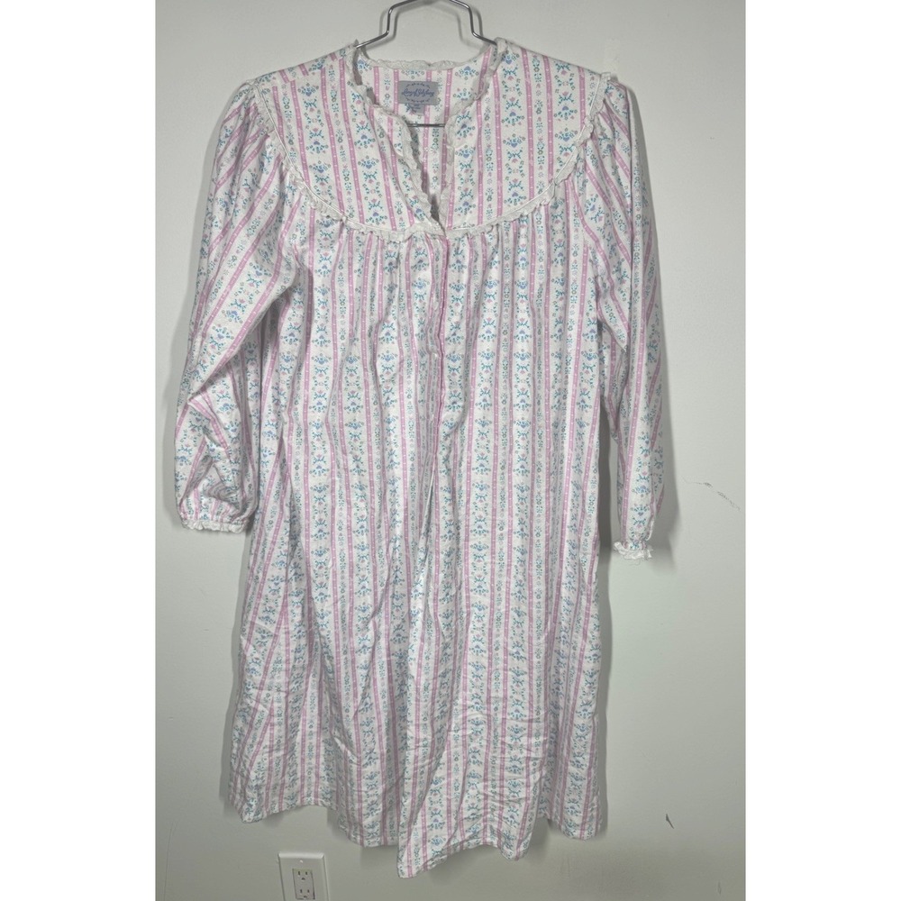 Lanz of Salzburg Floral Striped Henley Flannel Nightgown Size S Cottagecore Soft
